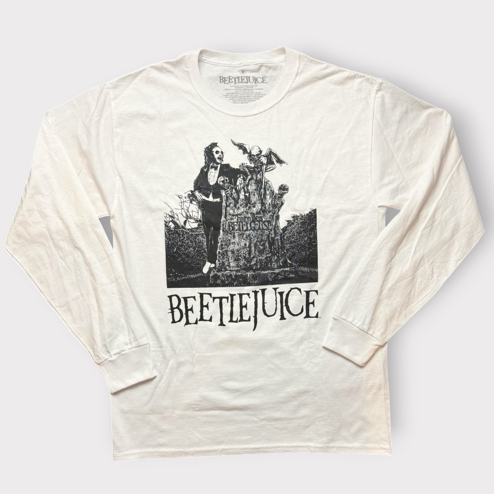 Beetlejuice Graphic Long Sleeve T-Shirt Mens Medium White Tombstone Movie Tee‎